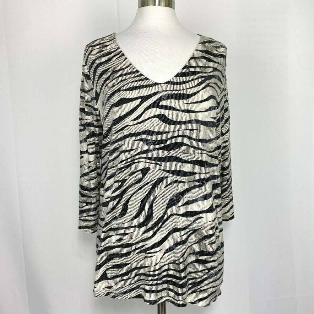 Chico’s XL Sz 3 Top Tunic Black White Geometric Rayon 3/4 Sleeves #AA